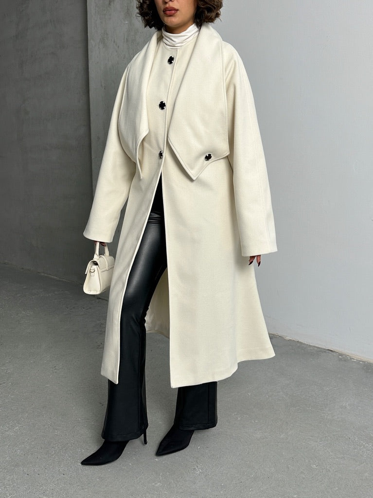 Miral Wear Beyaz Oversize Kaşe Kaban