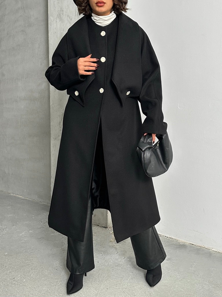 Miral Wear Siyah Oversize Kaşe Kaban