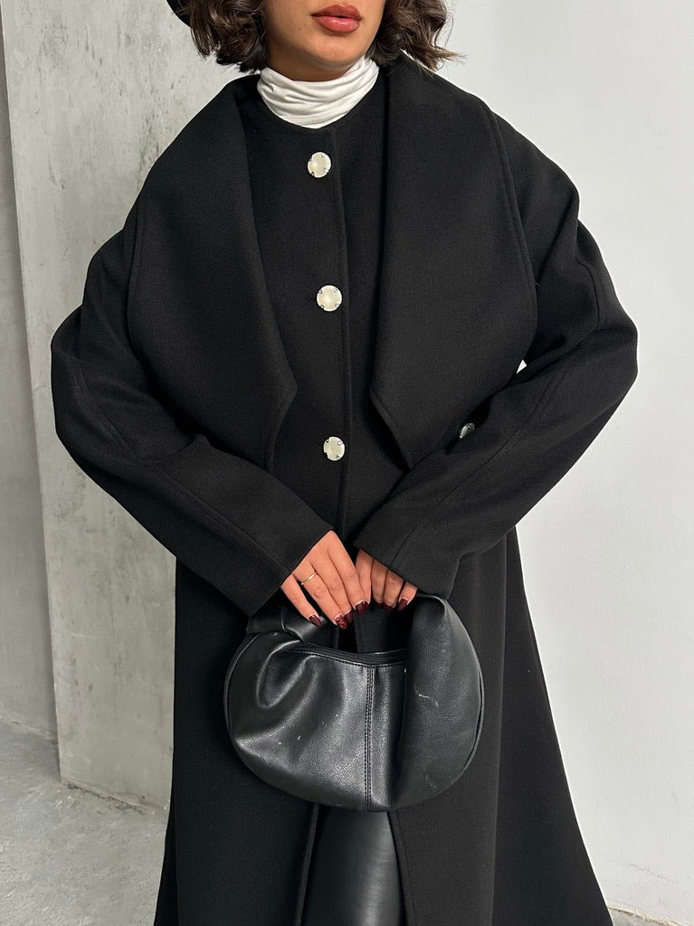 Miral Wear Siyah Oversize Kaşe Kaban