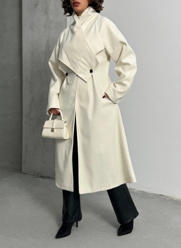 Miral Wear Beyaz Oversize Kaşe Kaban