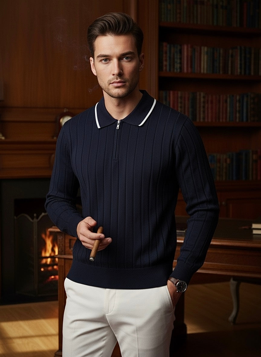 Lacivert Triko Yarı Fermuarlı Triko Kazak