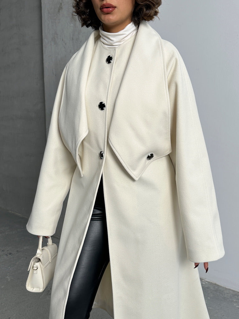 Miral Wear Beyaz Oversize Kaşe Kaban