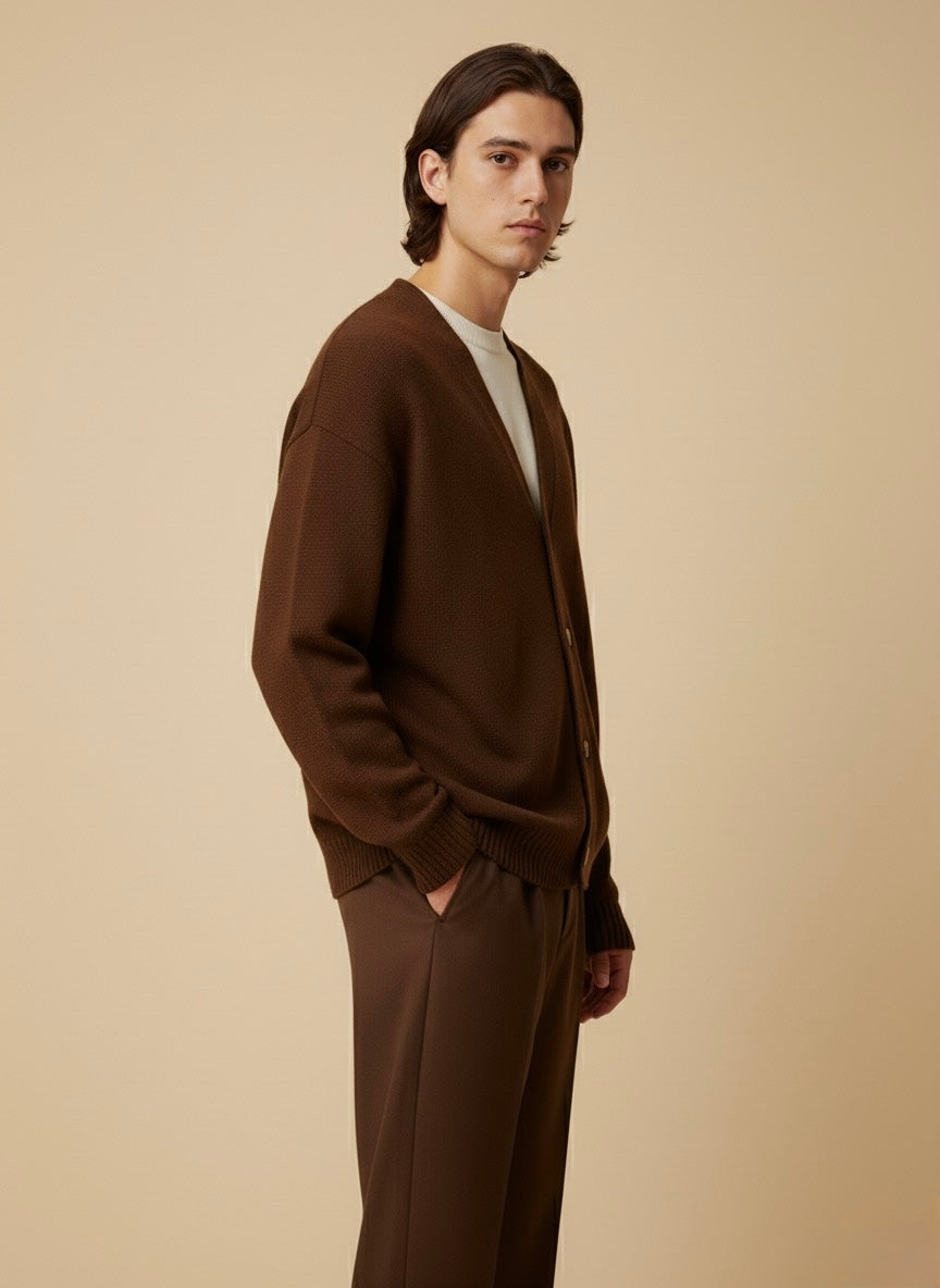 Erkek Oversize Triko Hırka – Kahverengi