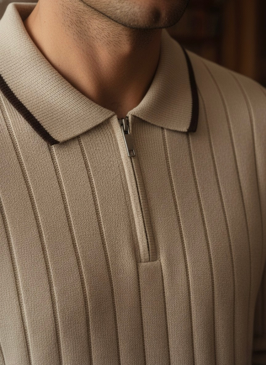 Bej Triko Yarı Fermuarlı Triko Kazak