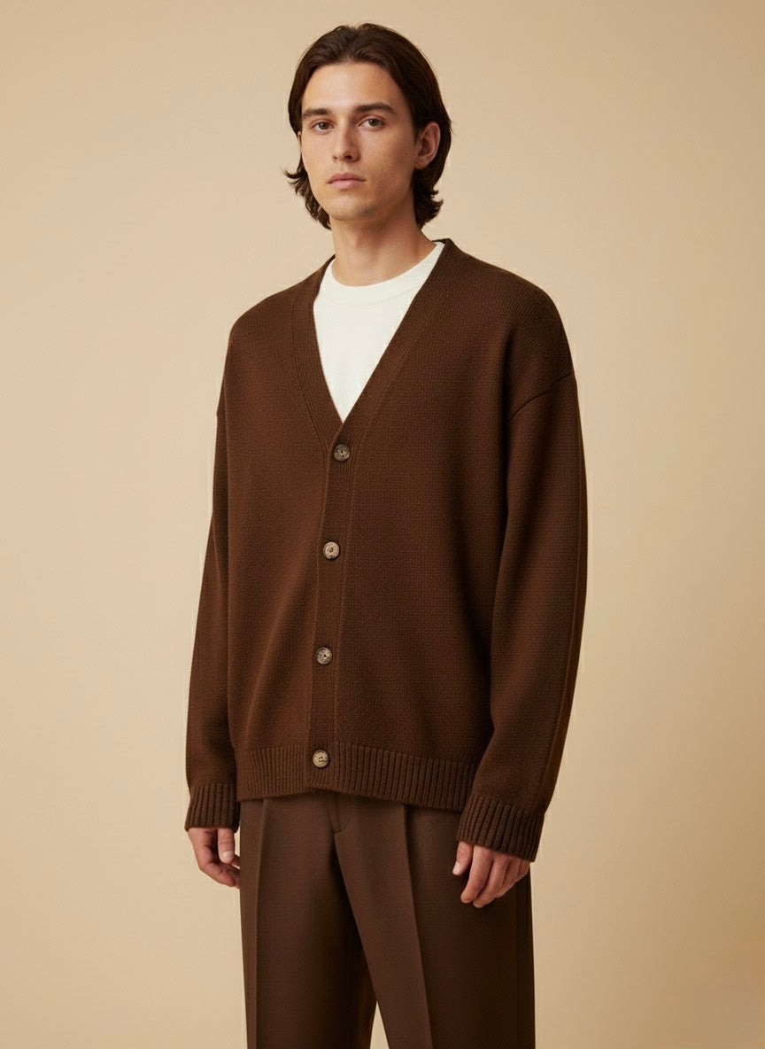 Erkek Oversize Triko Hırka – Kahverengi