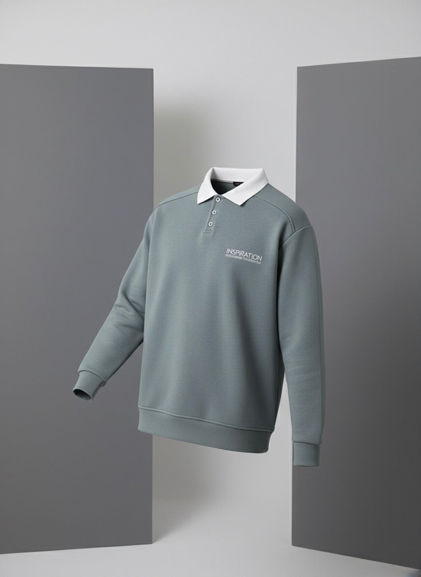 Unisex Relaxed Fit INSPIRATION Yazılı Beyaz Polo Yakalı Sweatshirt