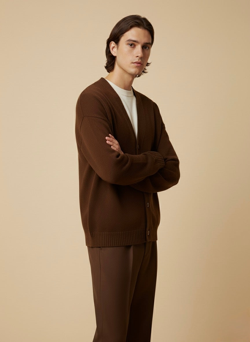 Erkek Oversize Triko Hırka – Kahverengi